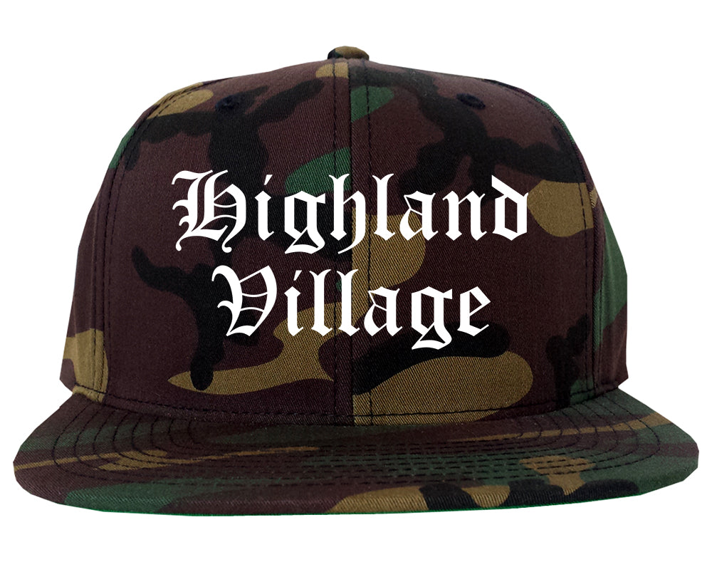 Highland Village Texas TX Old English Mens Snapback Hat Army Camo