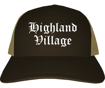 Highland Village Texas TX Old English Mens Trucker Hat Cap Brown