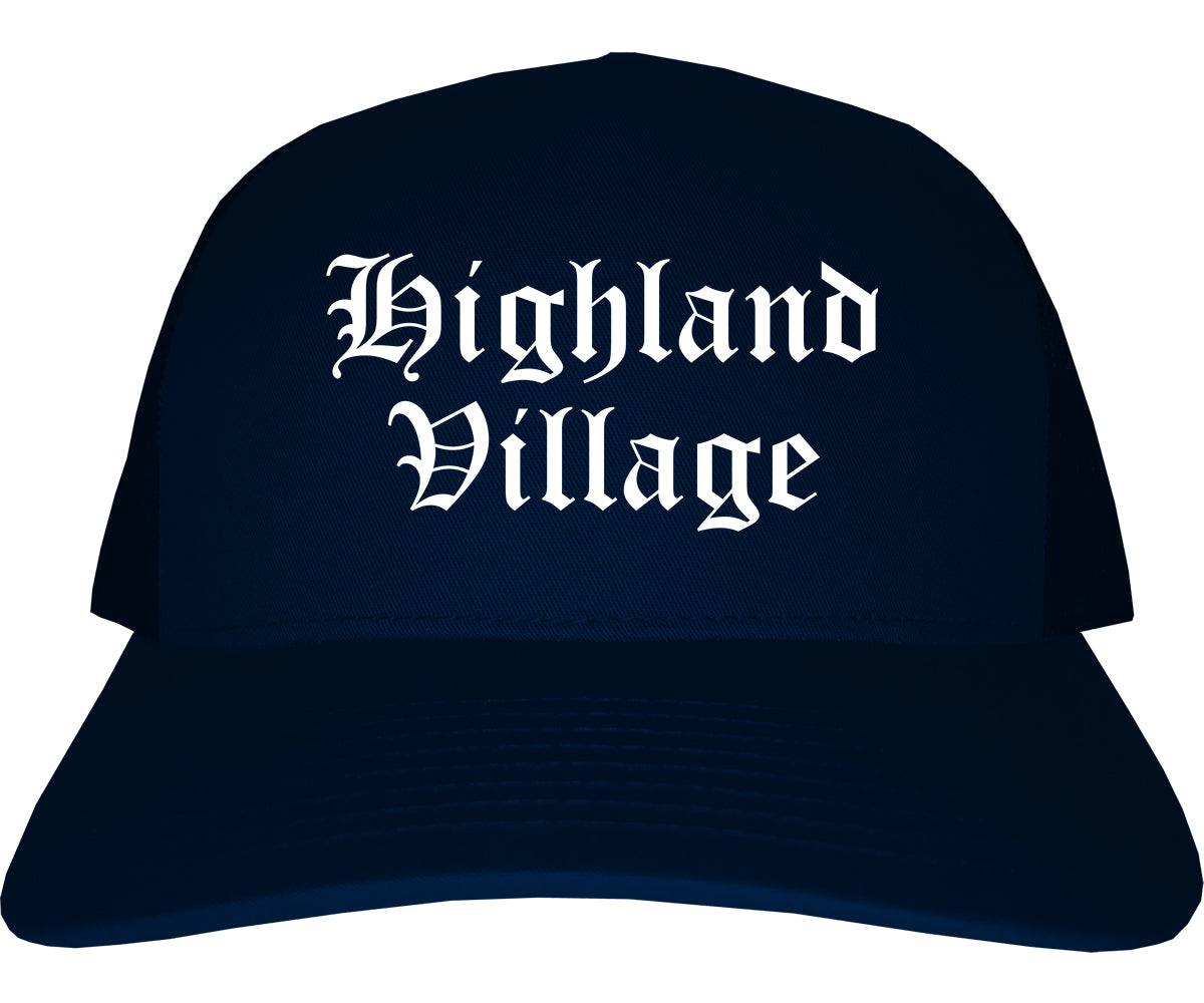 Highland Village Texas TX Old English Mens Trucker Hat Cap Navy Blue