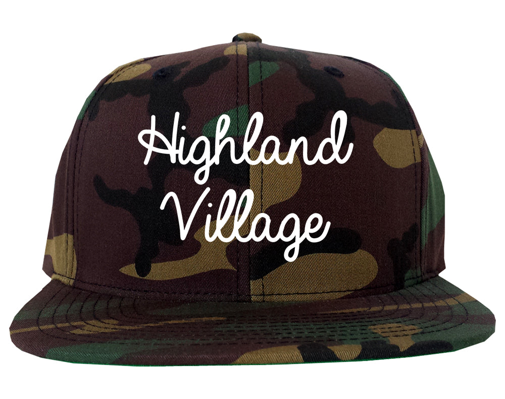 Highland Village Texas TX Script Mens Snapback Hat Army Camo