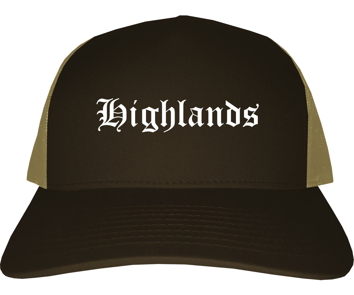 Highlands New Jersey NJ Old English Mens Trucker Hat Cap Brown