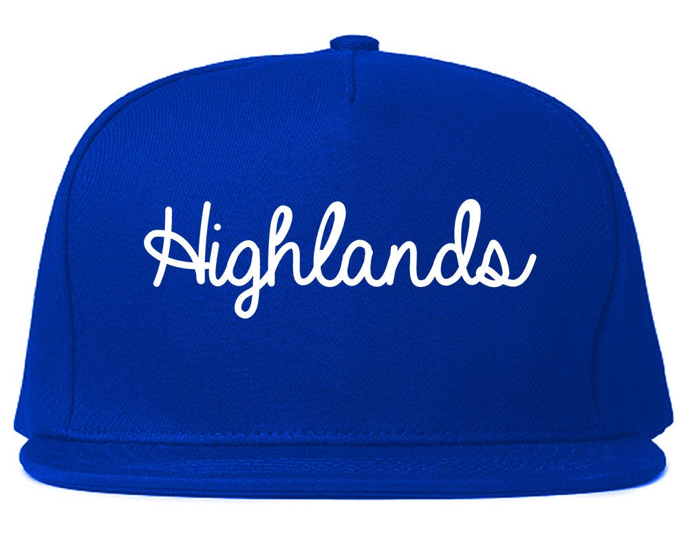 Highlands New Jersey NJ Script Mens Snapback Hat Royal Blue