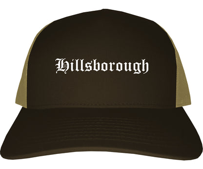 Hillsborough California CA Old English Mens Trucker Hat Cap Brown
