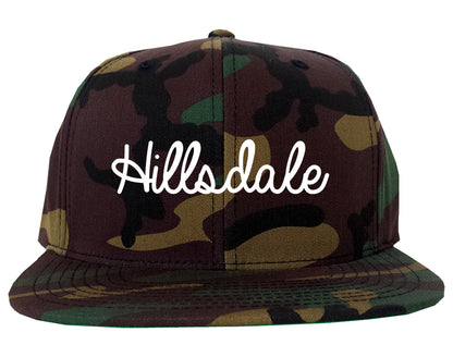 Hillsdale Michigan MI Script Mens Snapback Hat Army Camo