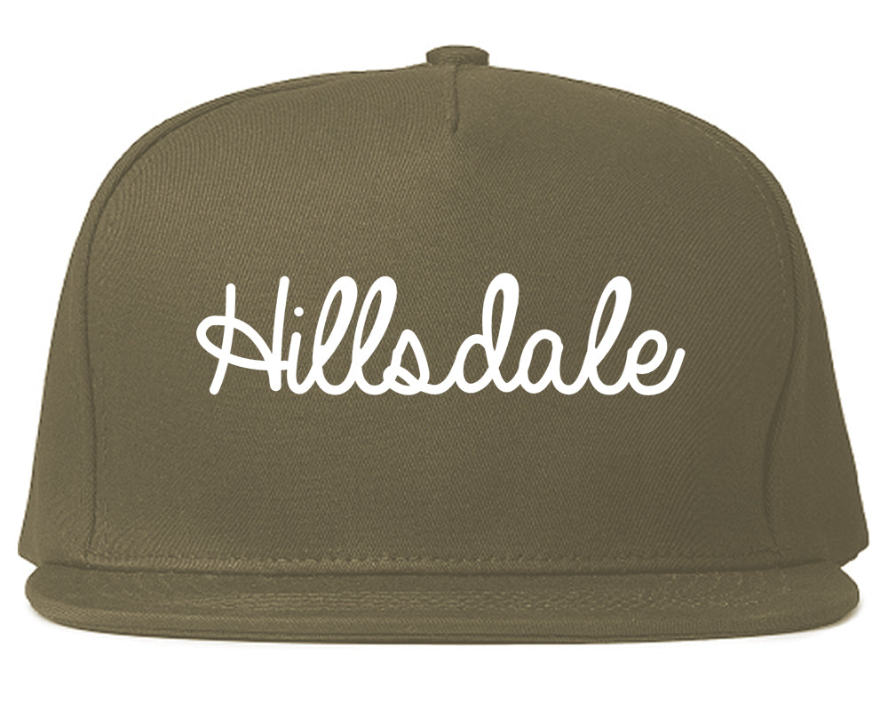 Hillsdale Michigan MI Script Mens Snapback Hat Grey
