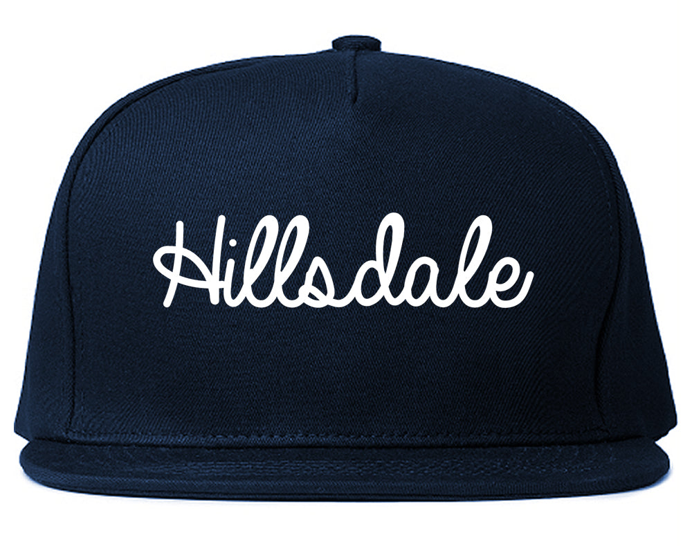 Hillsdale Michigan MI Script Mens Snapback Hat Navy Blue