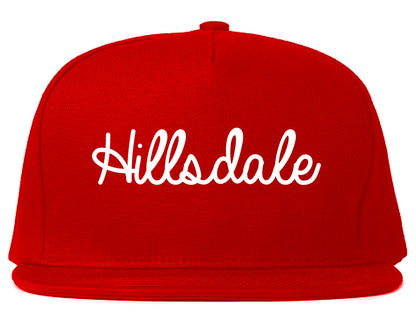 Hillsdale Michigan MI Script Mens Snapback Hat Red