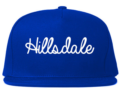 Hillsdale Michigan MI Script Mens Snapback Hat Royal Blue