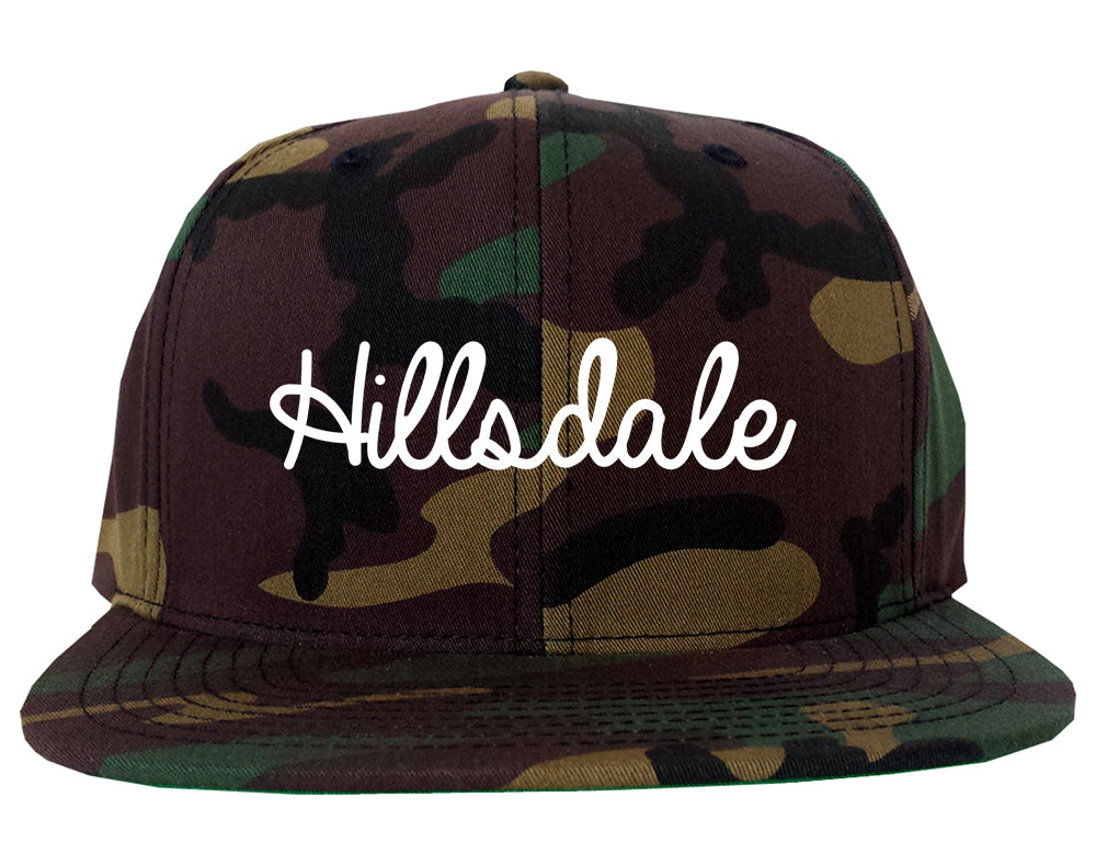 Hillsdale New Jersey NJ Script Mens Snapback Hat Army Camo