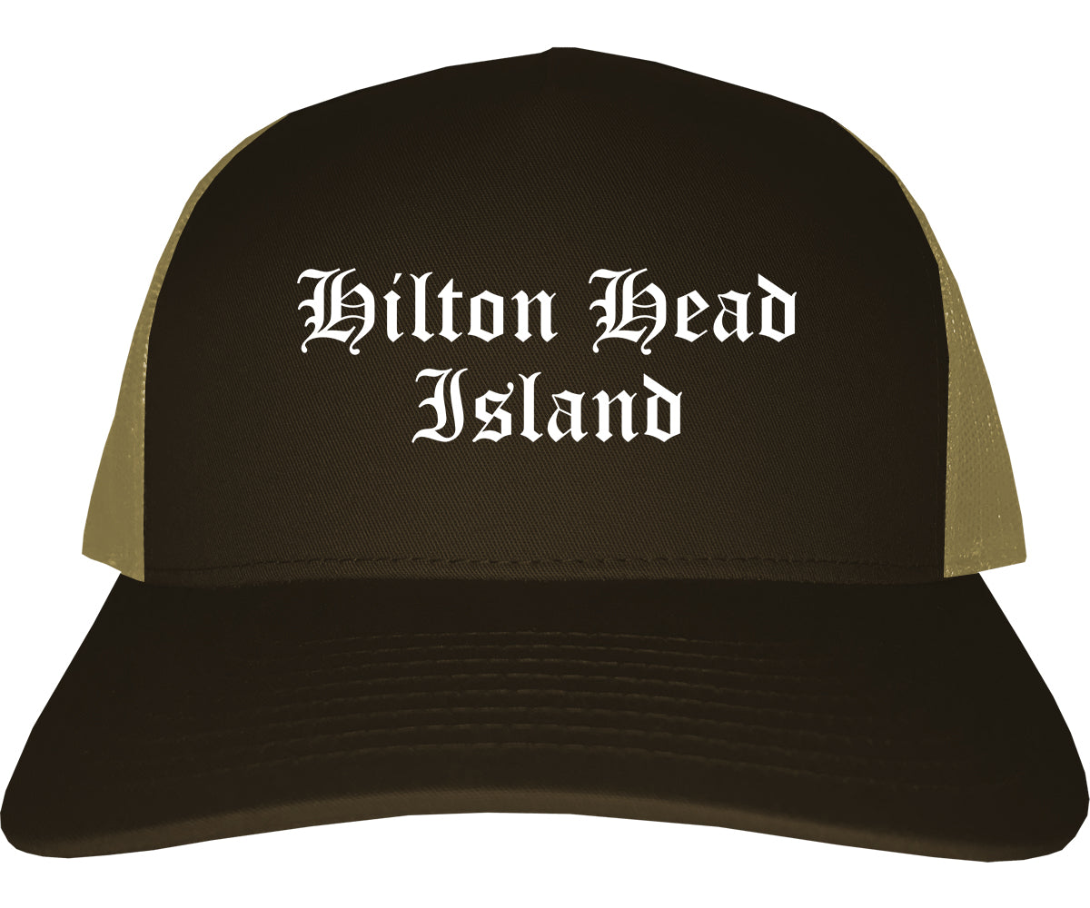 Hilton Head Island South Carolina SC Old English Mens Trucker Hat Cap Brown