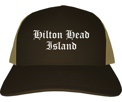 Hilton Head Island South Carolina SC Old English Mens Trucker Hat Cap Brown