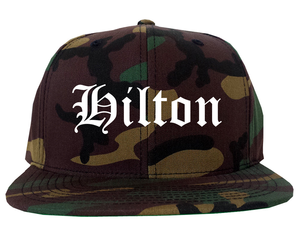 Hilton New York NY Old English Mens Snapback Hat Army Camo