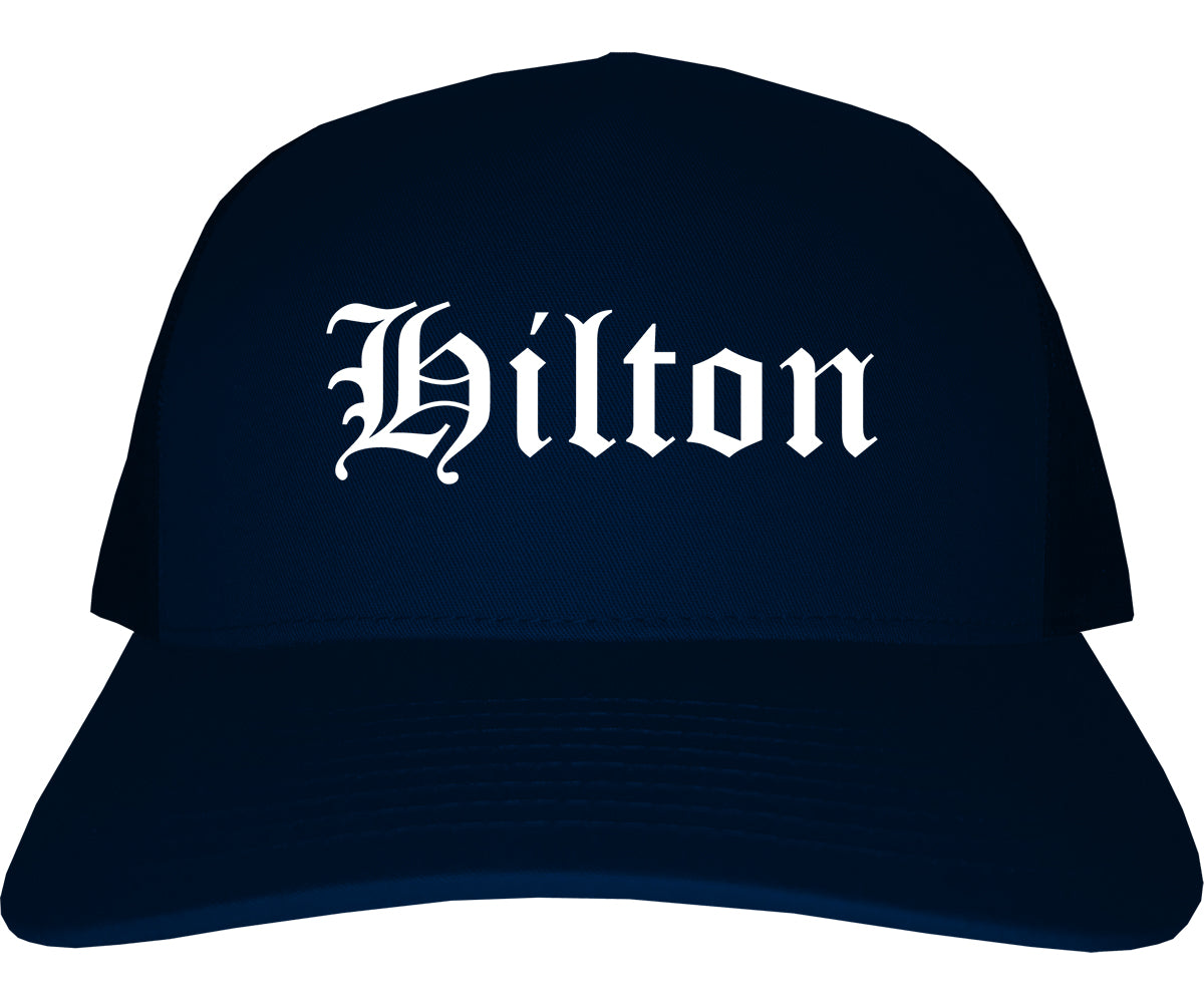 Hilton New York NY Old English Mens Trucker Hat Cap Navy Blue