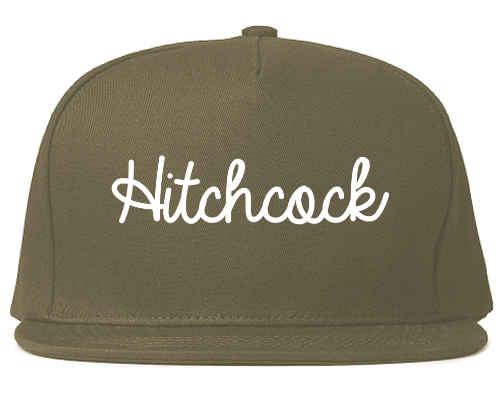 Hitchcock Texas TX Script Mens Snapback Hat Grey