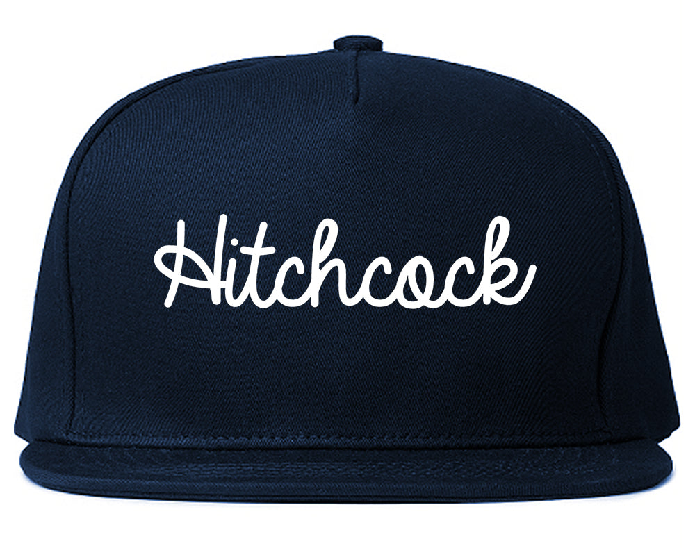Hitchcock Texas TX Script Mens Snapback Hat Navy Blue