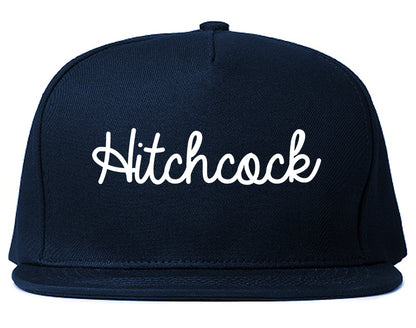 Hitchcock Texas TX Script Mens Snapback Hat Navy Blue