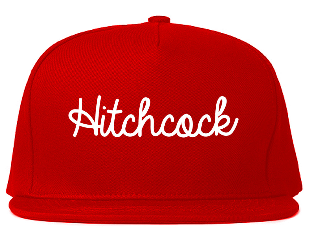 Hitchcock Texas TX Script Mens Snapback Hat Red