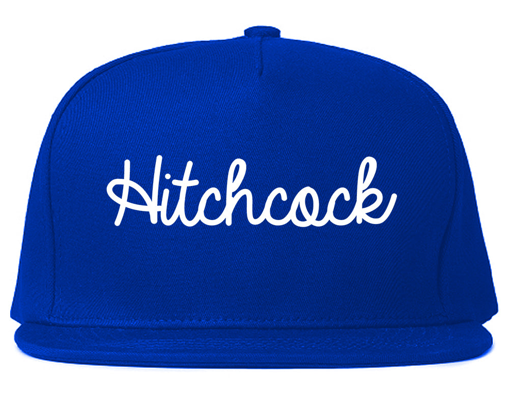 Hitchcock Texas TX Script Mens Snapback Hat Royal Blue