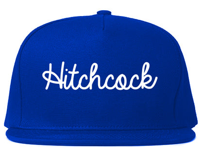 Hitchcock Texas TX Script Mens Snapback Hat Royal Blue