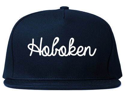 Hoboken New Jersey NJ Script Mens Snapback Hat Navy Blue