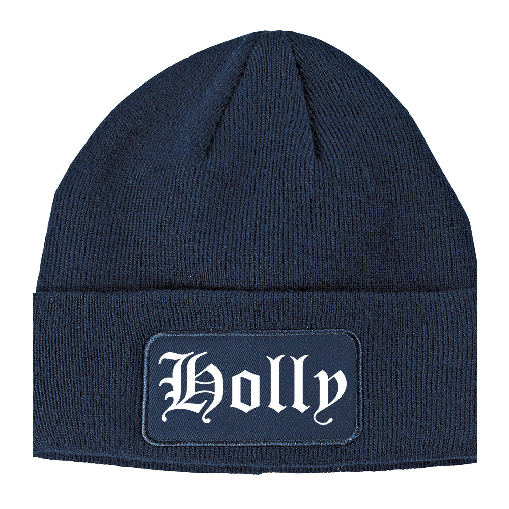 Holly Michigan MI Old English Mens Knit Beanie Hat Cap Navy Blue