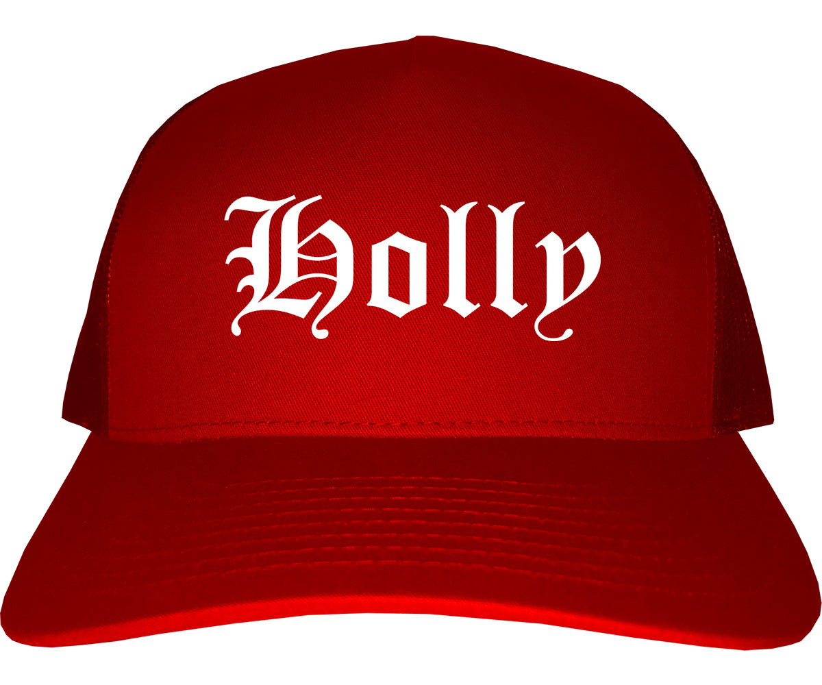 Holly Michigan MI Old English Mens Trucker Hat Cap Red