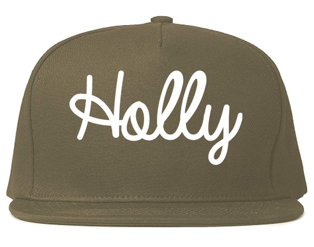 Holly Michigan MI Script Mens Snapback Hat Grey