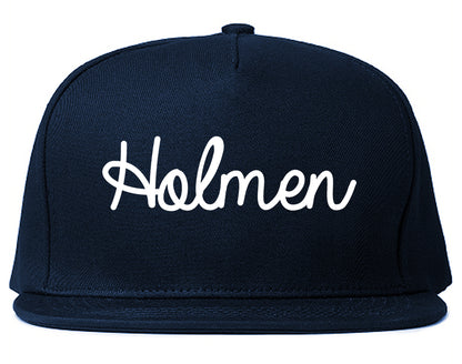 Holmen Wisconsin WI Script Mens Snapback Hat Navy Blue