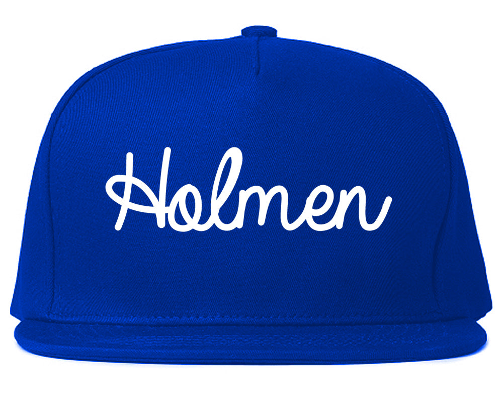 Holmen Wisconsin WI Script Mens Snapback Hat Royal Blue