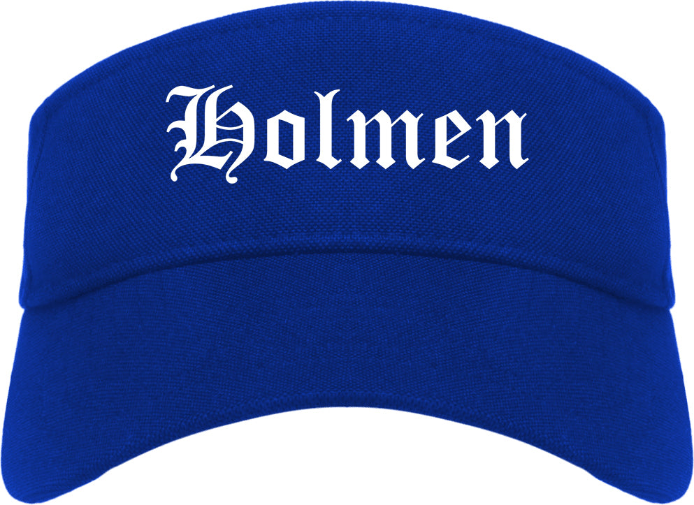 Holmen Wisconsin WI Old English Mens Visor Cap Hat Royal Blue