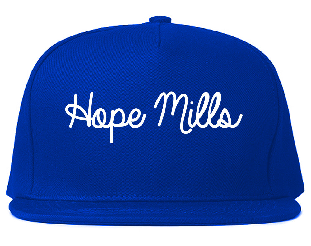 Hope Mills North Carolina NC Script Mens Snapback Hat Royal Blue