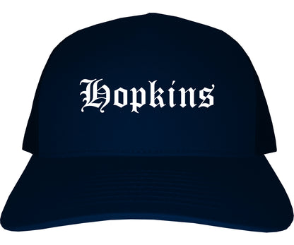 Hopkins Minnesota MN Old English Mens Trucker Hat Cap Navy Blue