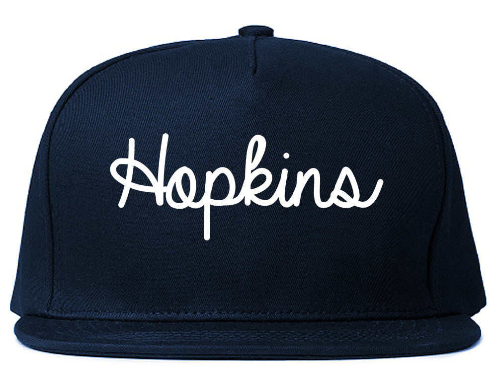 Hopkins Minnesota MN Script Mens Snapback Hat Navy Blue