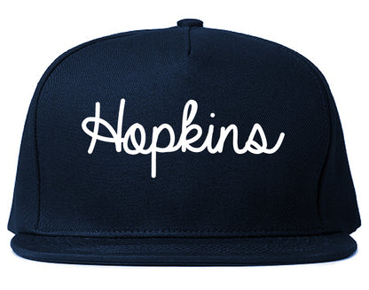 Hopkins Minnesota MN Script Mens Snapback Hat Navy Blue