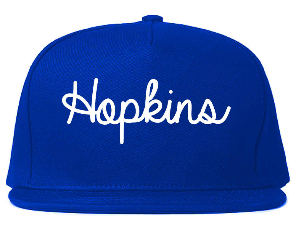 Hopkins Minnesota MN Script Mens Snapback Hat Royal Blue
