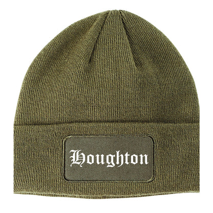 Houghton Michigan MI Old English Mens Knit Beanie Hat Cap Olive Green