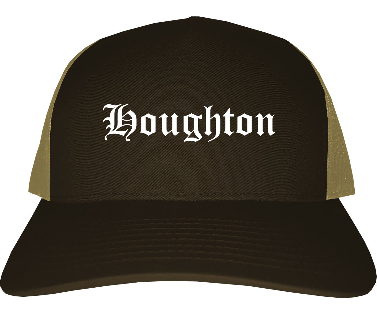 Houghton Michigan MI Old English Mens Trucker Hat Cap Brown