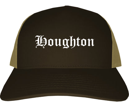 Houghton Michigan MI Old English Mens Trucker Hat Cap Brown