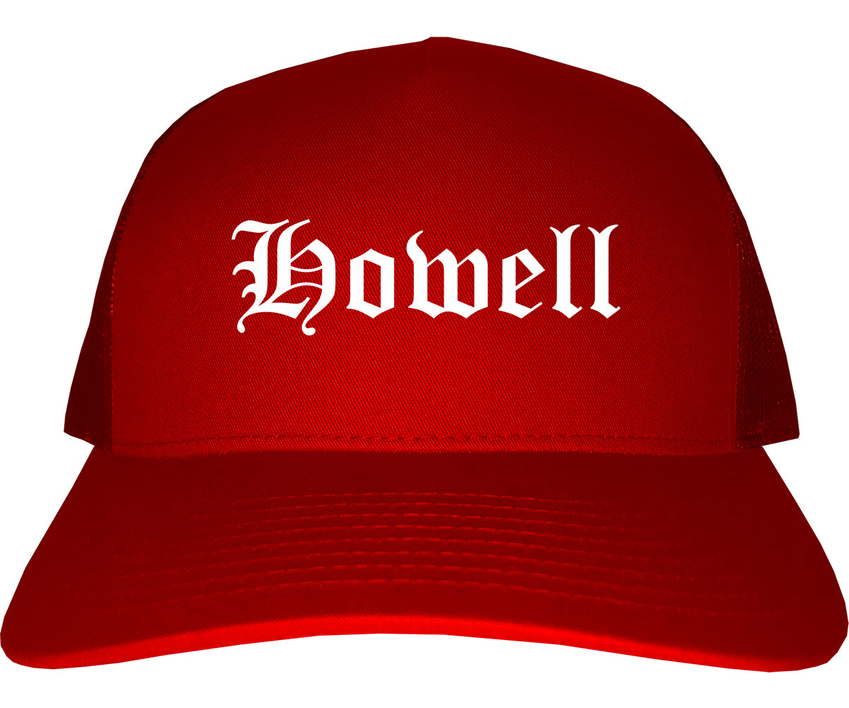 Howell Michigan MI Old English Mens Trucker Hat Cap Red