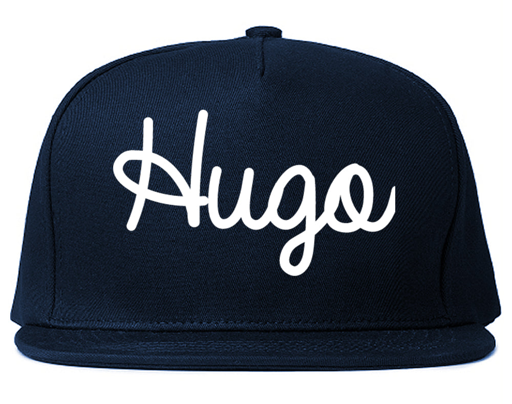 Hugo Minnesota MN Script Mens Snapback Hat Navy Blue