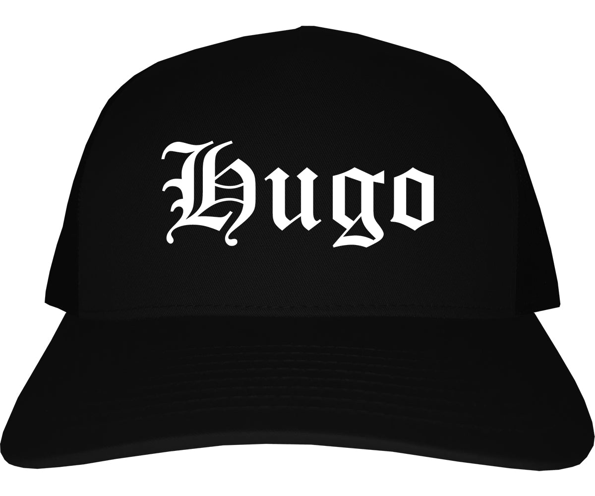 Hugo Oklahoma OK Old English Mens Trucker Hat Cap Black