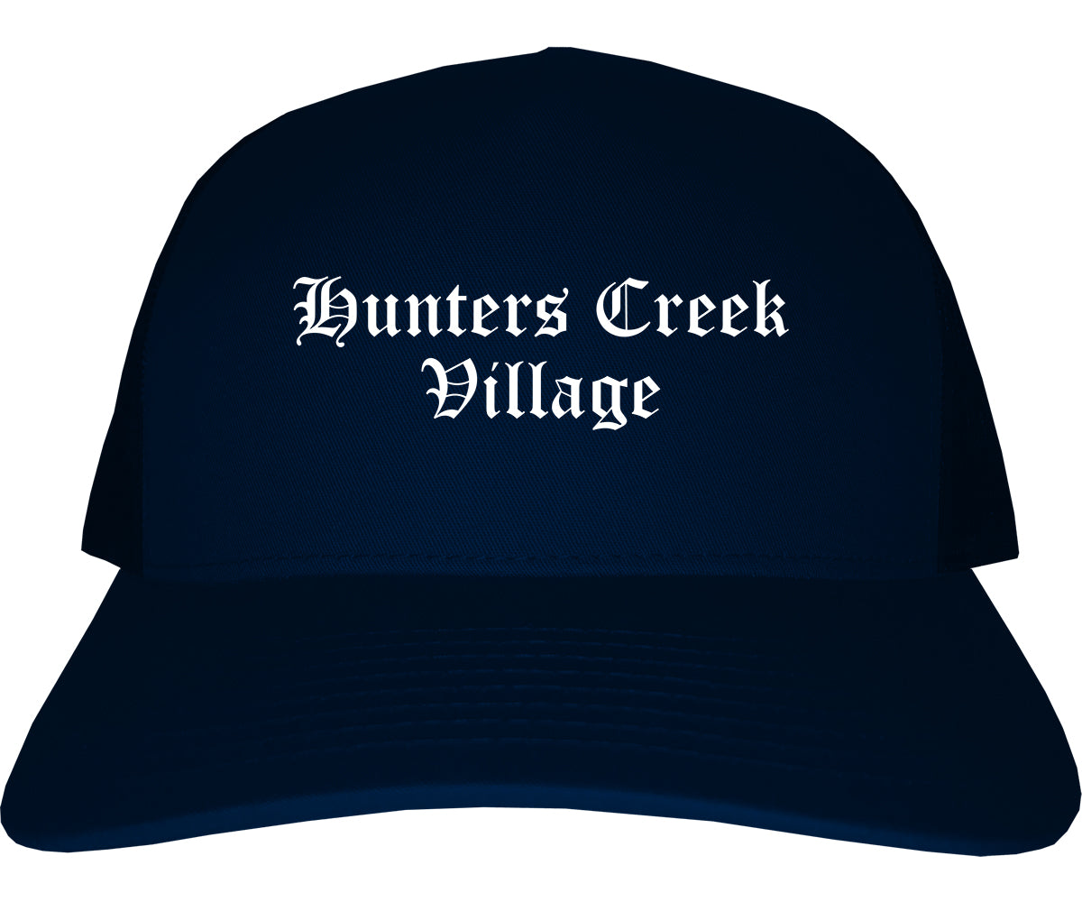 Hunters Creek Village Texas TX Old English Mens Trucker Hat Cap Navy Blue