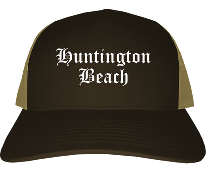Huntington Beach California CA Old English Mens Trucker Hat Cap Brown