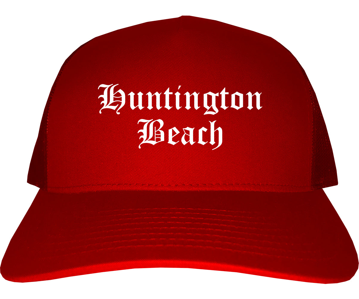 Huntington Beach California CA Old English Mens Trucker Hat Cap Red