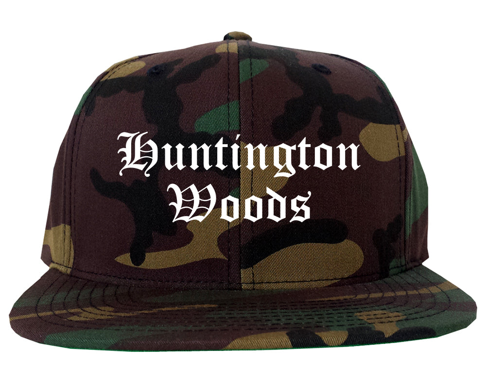 Huntington Woods Michigan MI Old English Mens Snapback Hat Army Camo