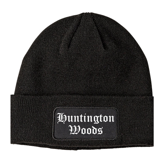 Huntington Woods Michigan MI Old English Mens Knit Beanie Hat Cap Black