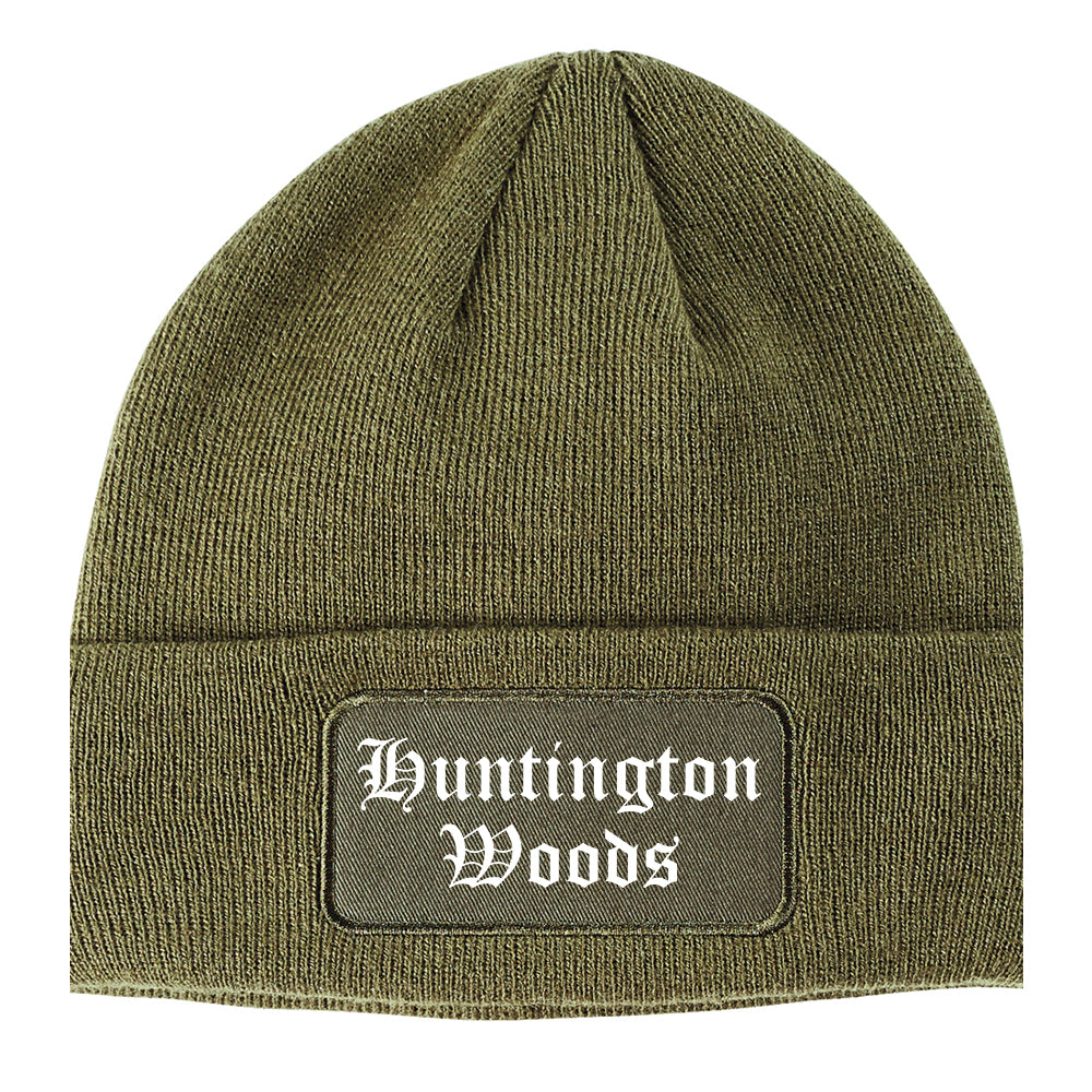 Huntington Woods Michigan MI Old English Mens Knit Beanie Hat Cap Olive Green