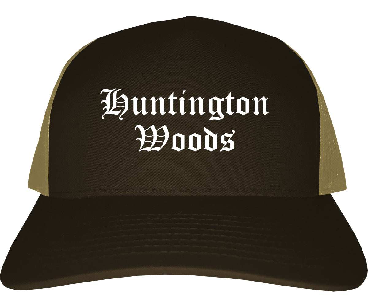 Huntington Woods Michigan MI Old English Mens Trucker Hat Cap Brown