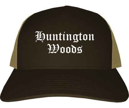 Huntington Woods Michigan MI Old English Mens Trucker Hat Cap Brown