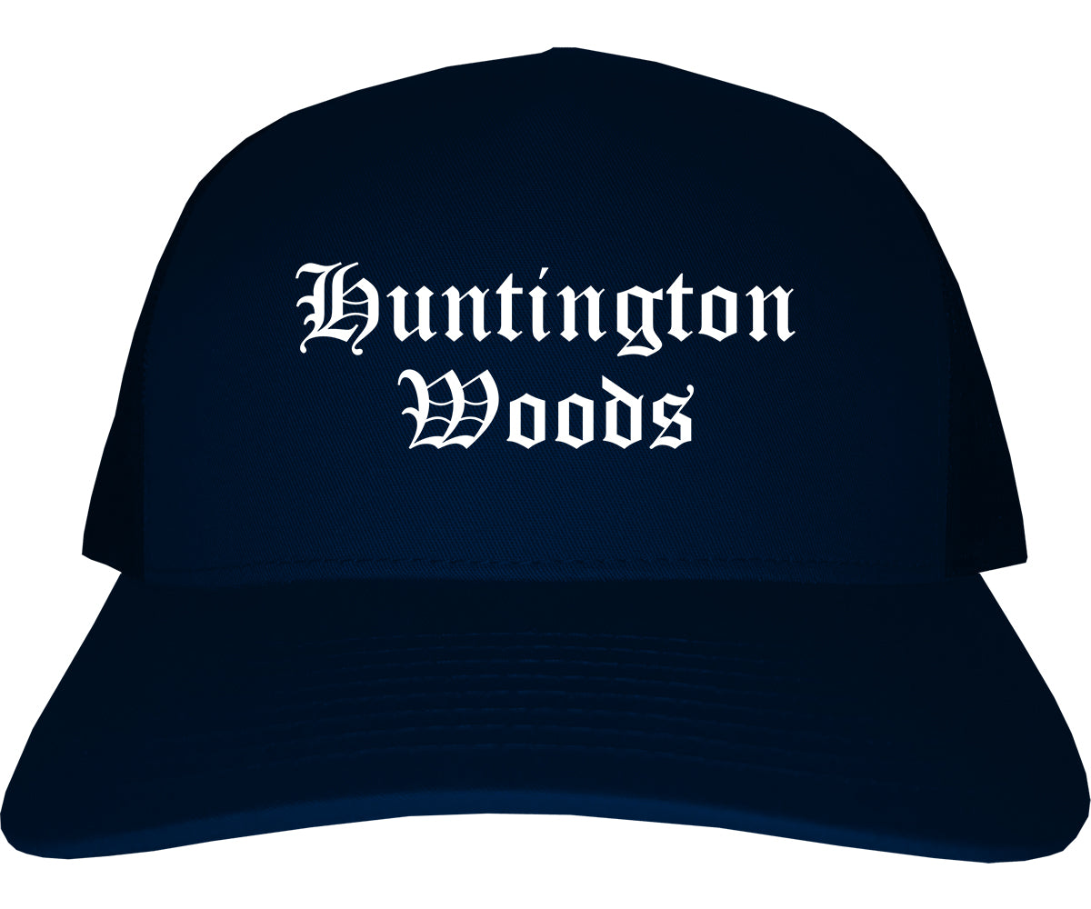 Huntington Woods Michigan MI Old English Mens Trucker Hat Cap Navy Blue